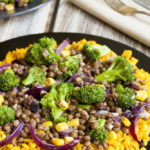 Close-up of broccoli lentil stir fry served with turmeric rice