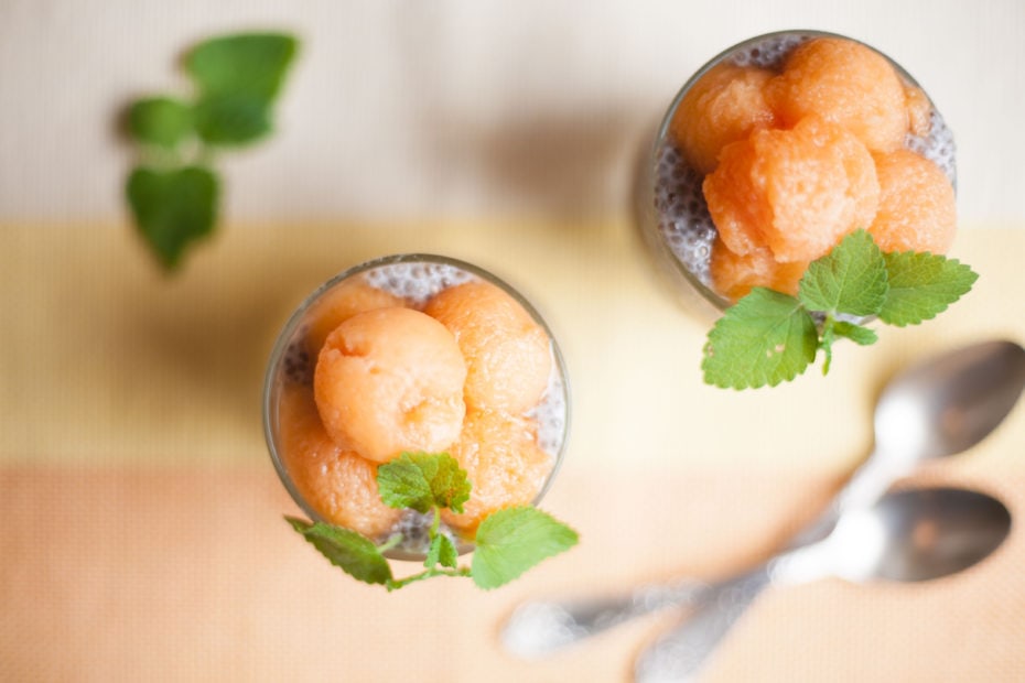 Overnight Chia Seed Pudding with Spicy Melon Puree - 3-ingredient overnight chia seed pudding with coconut milk and spicy melon puree (mint, cinnamon, nutmeg). Simple & delicious breakfast or dessert.