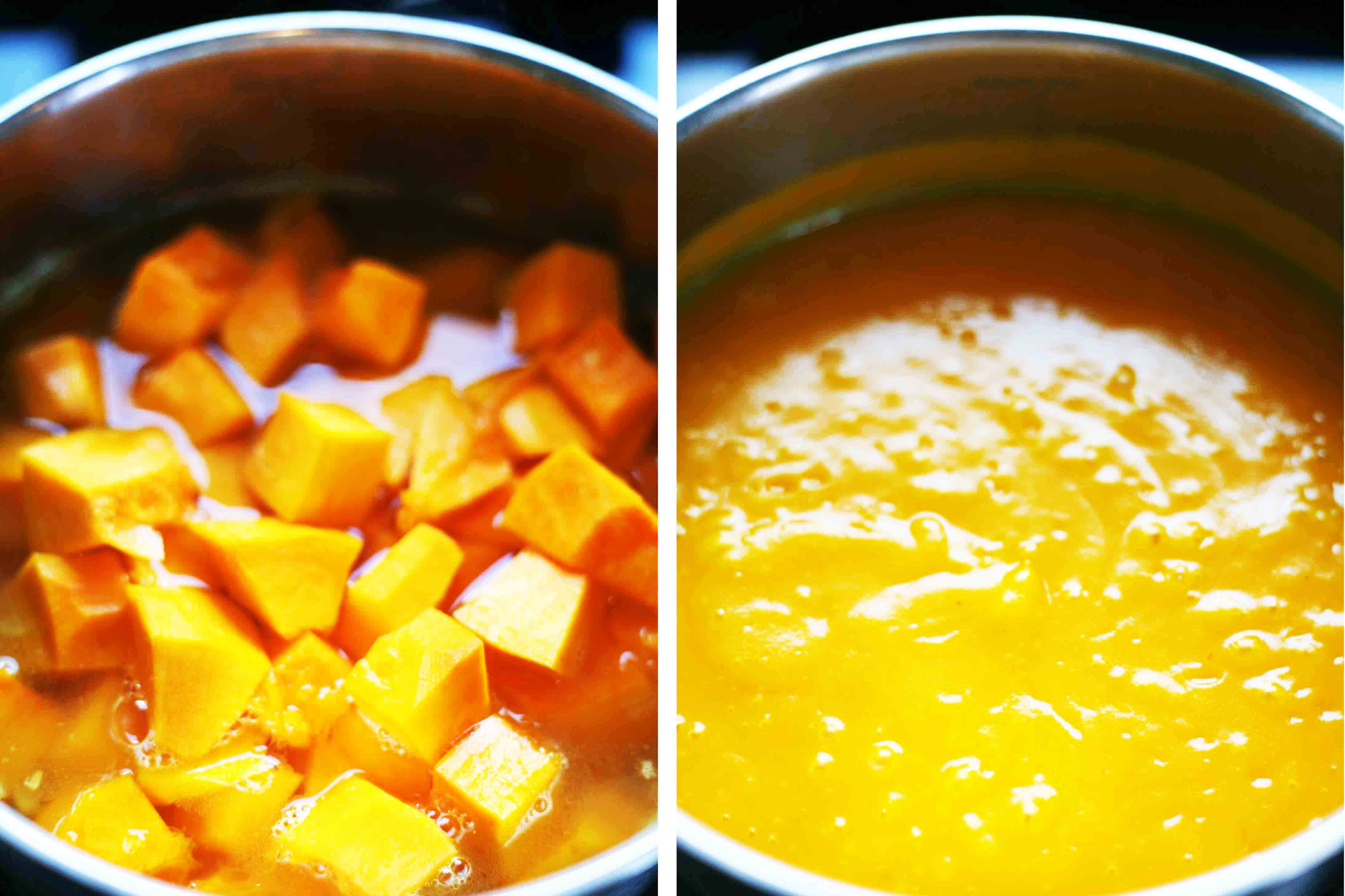 2 photo collage with a stockpot from above showing the cooked pumpkins on the first and an orange cream soup on the second. 