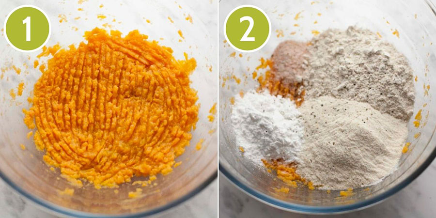 2 photo collage with a glass bowl. The first shows an orange mash, the second shows 3 heaps of white flours