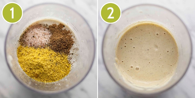 2 photo collage showing a tall glass container with milk, yellow flakes, nutmeg and salt and then the finished creamy white sauce