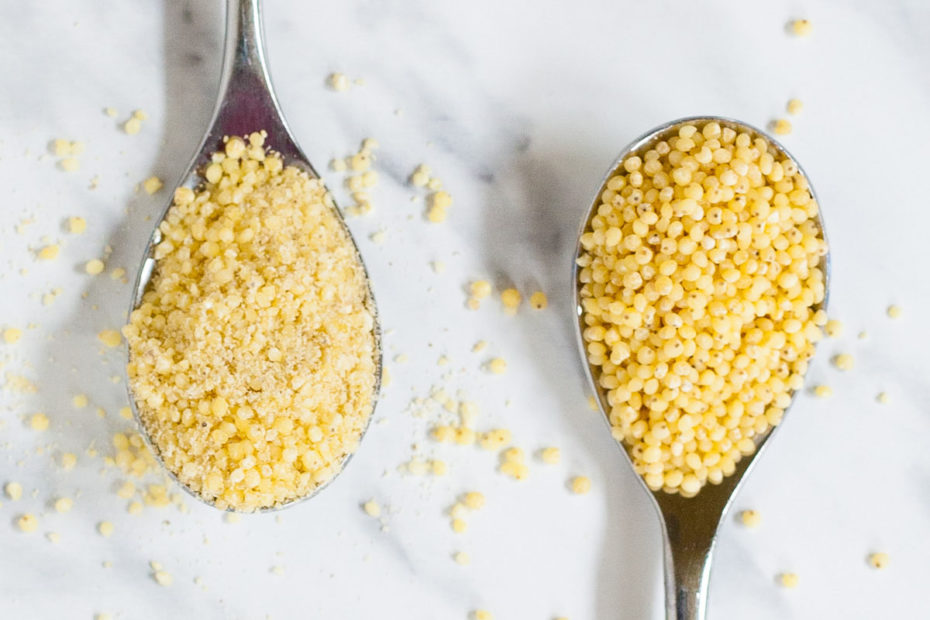 2 teaspoons, one with ground yellow grains the other with whole grains