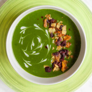 A bowl of green soup sprinkled with vegetable crisps and white swirls.