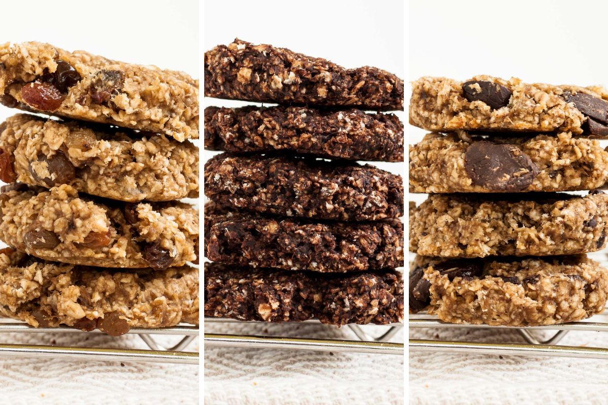 3 photo collage with stack of cookies with different add-ins like raisins, chocolate chunks and cocoa powder