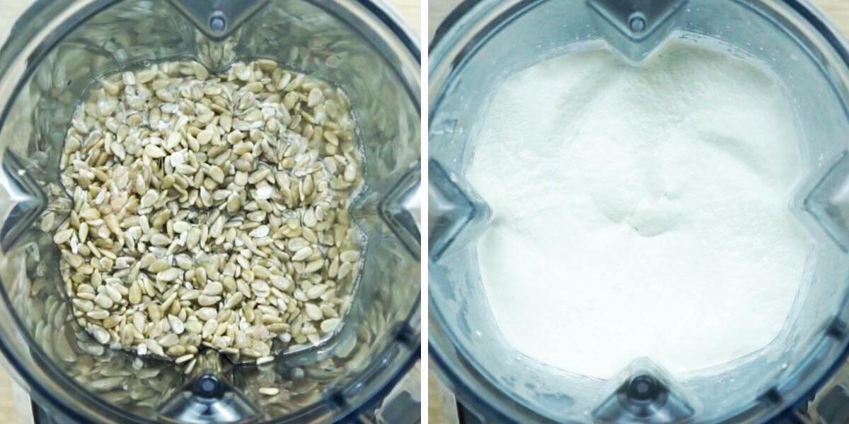 2 pictures - one with all ingredients added to the blender and one after the blender worked its magic and made white dairy-free sour cream