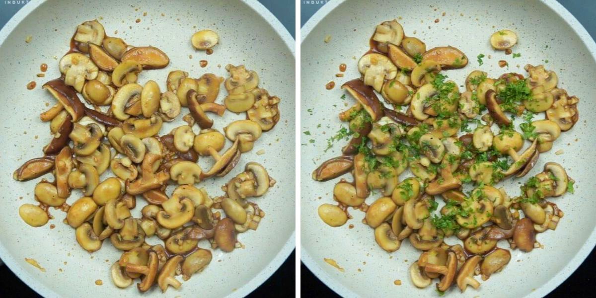 Step photos. First is showing the frying pan with mushrooms and soy sauce, the second one has added parsley