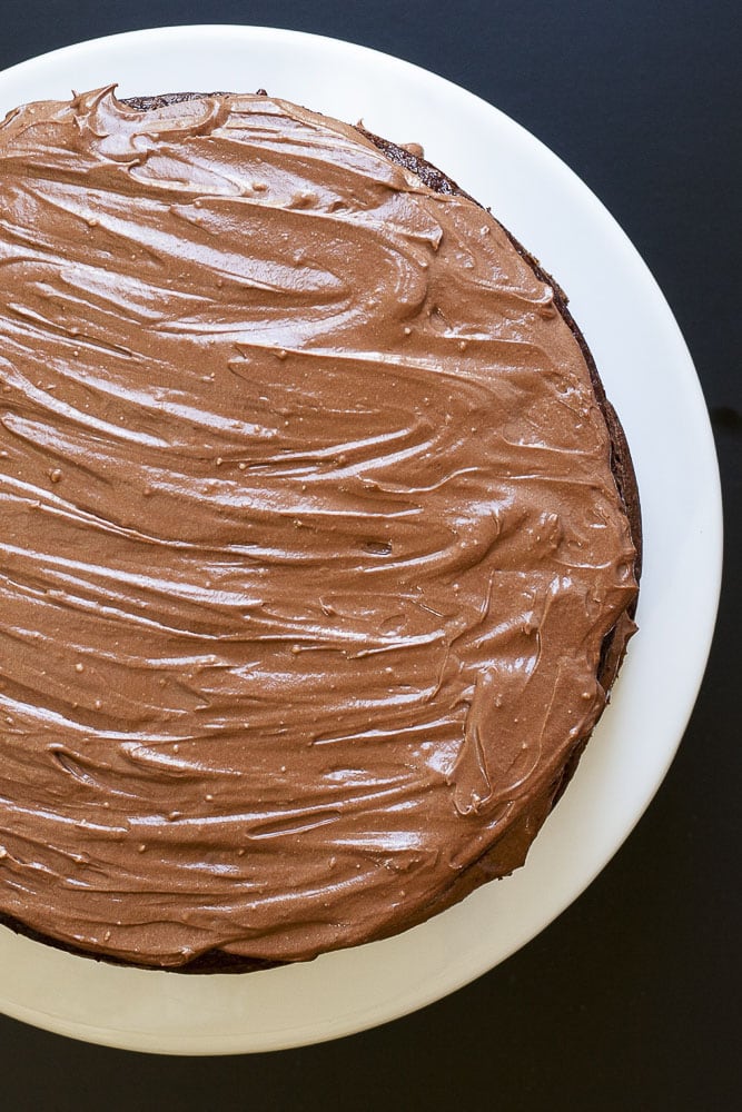 Chocolate cake above that is frosted with this vegan chocolate frosting. 