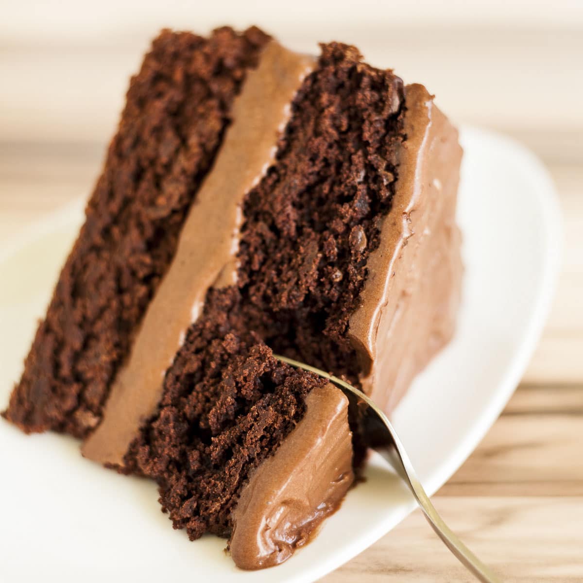 A slice of chocolate cake on a white plate with a fork on it. 