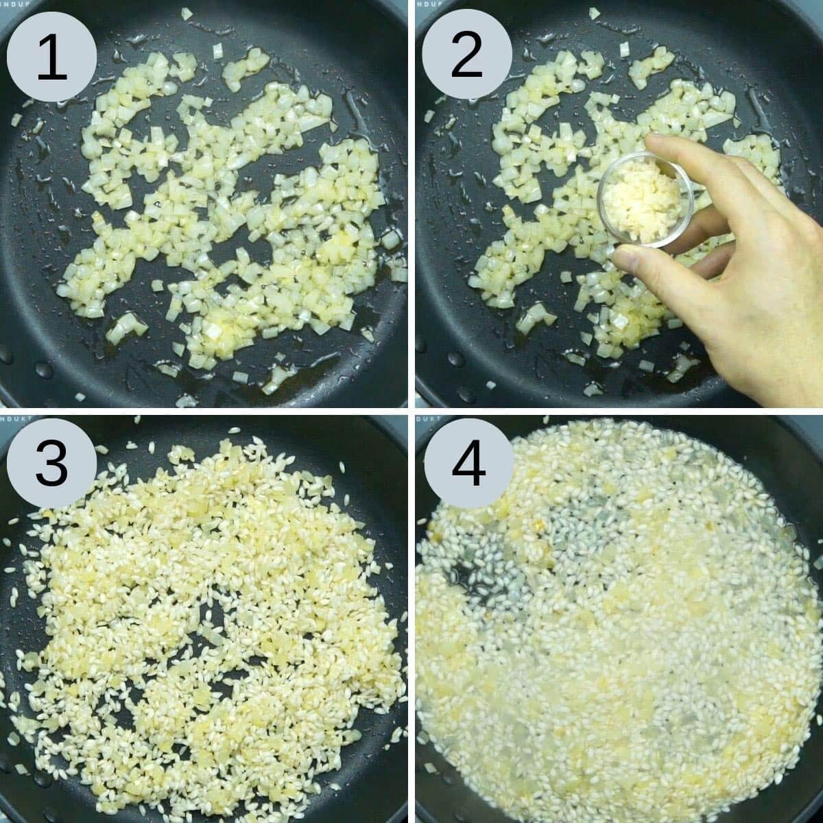 First 4 steps to make vegan risotto showing the pan with cooked onion, then garlic, then rice covered in oil and finally the rice is cooking in wine