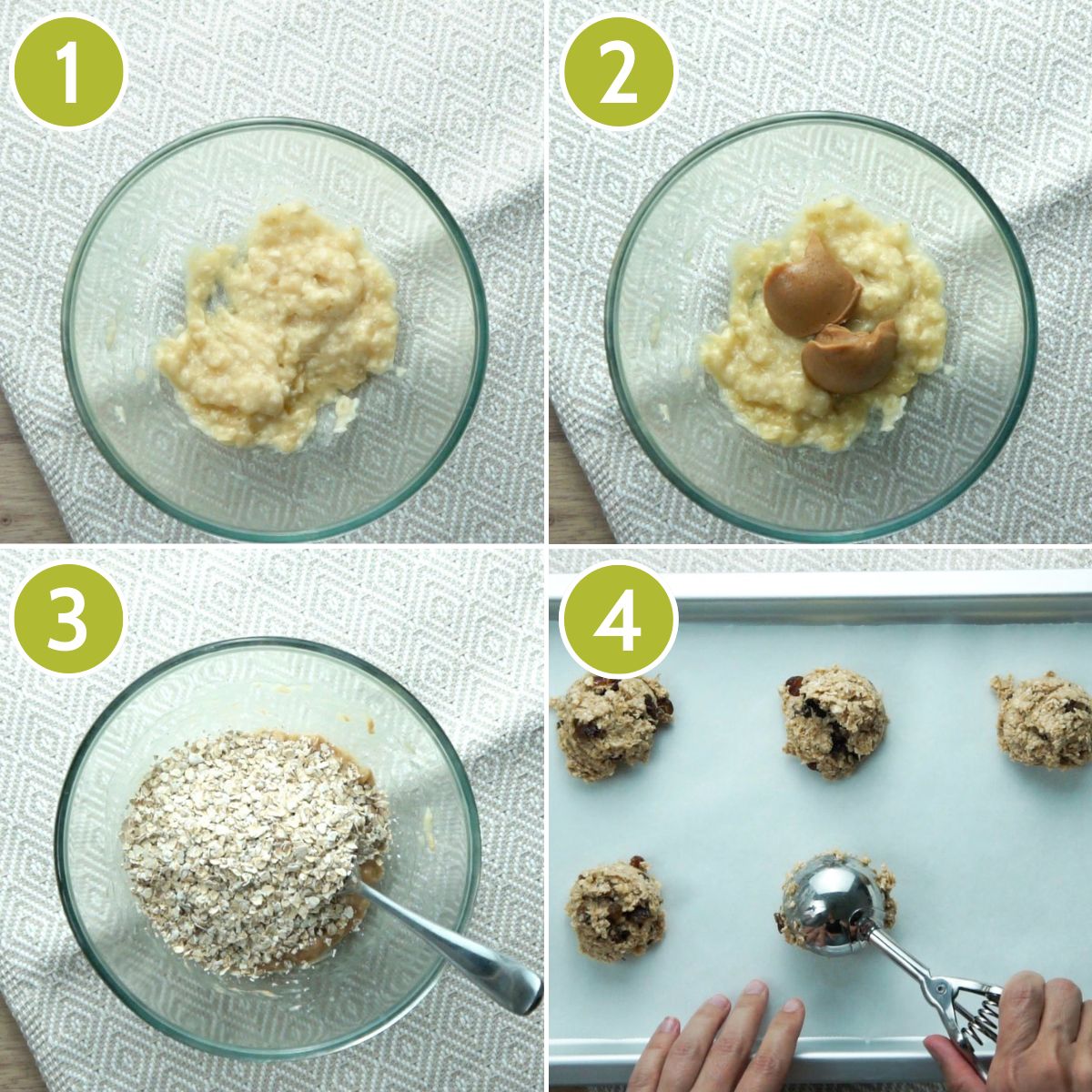 Steps to make banana peanut butter oatmeal cookies showing a glass bowl with all ingredients and on the last one a hand is scooping the dough on a parchment paper with an ice cream scooper
