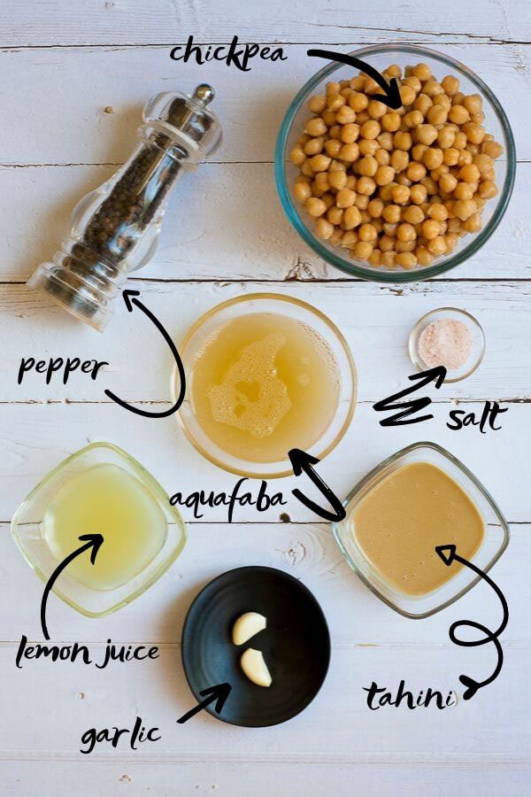 Ingredients of gluten-free hummus in small balls: chickpeas, tahini, aquafaba, lemon juice, garlic and salt, pepper