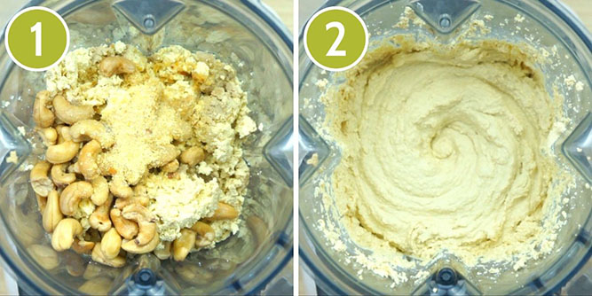 Step photos to make tofu cheese cake showing the blender with the ingredients and then after blending the finished cream cheese