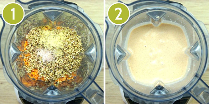 2 photo collage showing a blender from above. First is with the ingredients buckwheat seeds and red linkts. Second is the creamy batter.