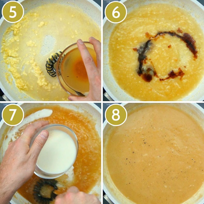 4 photo collage showing a large white pan with a hand holding vegetable broth and adding it, then a swirl of dark sauce, then a hand is adding some milk, and finally the finished light brown gravy. 