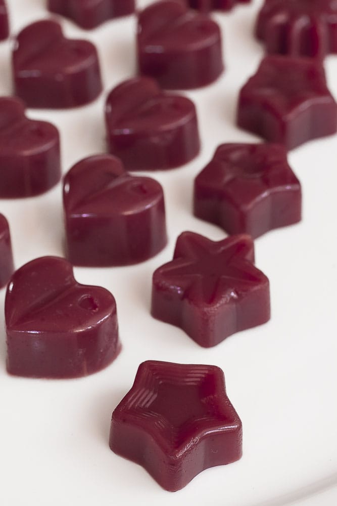 Several type of cranberry jelly shaped as hearts or stars