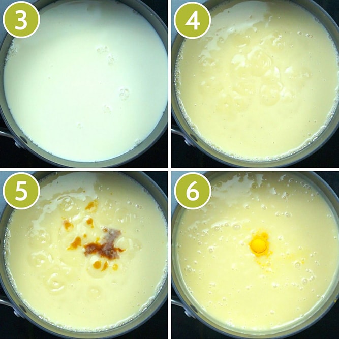 4 photos collage showing a saucepan first with a white liquid, then a thicker yellow one, then brown vanilla extract is added, finally some yellow powder. 