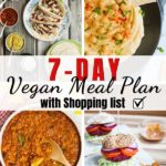 4 photo collage with overlay text saying seven day vegan meal plan with shopping list