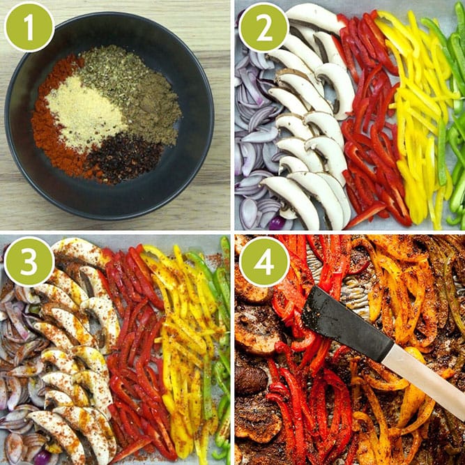 4 photo collage - on the first one there is a black bowl with 5 tiny colourful spice hills, the second one shows red, yellow, green belle pepper strips, mushroom and onion slices, the third one shows the same as the second with brown spices on top, the fourth picture shows the colourful veggie strips after roasting them in the oven