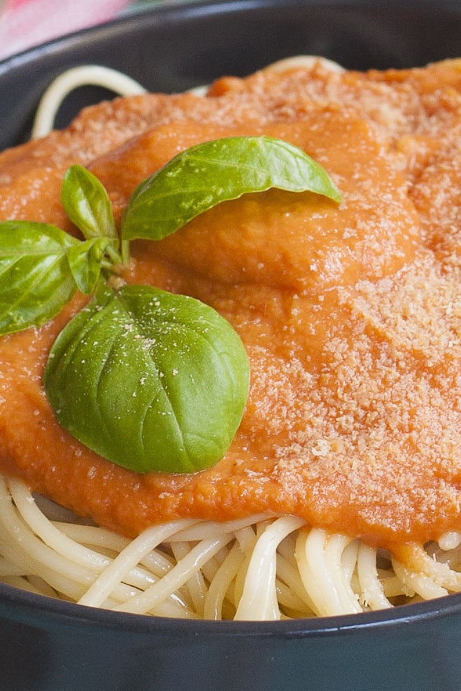 Close-up of a bowl with vegetable sauce on top of spaghetti sprinkled with vegan parmesan and topped with fresh basil leaves