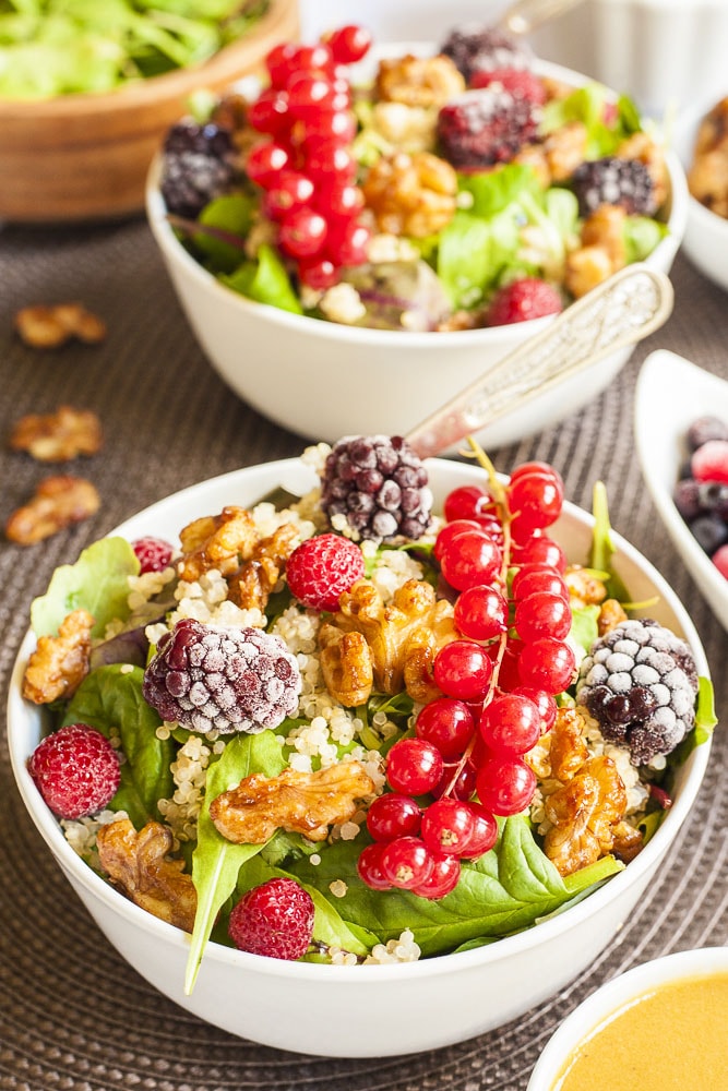 Quinoa Salad with Berries + Candied Nuts