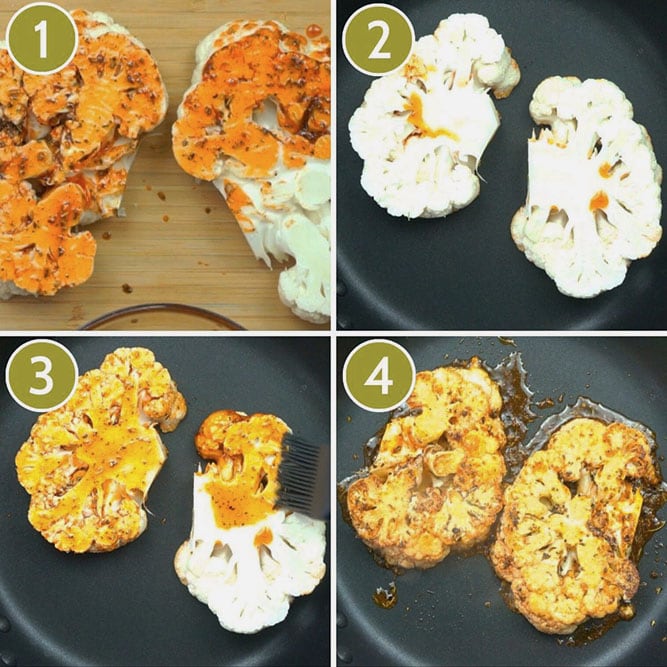 4 photo collage of how to fry cauliflower steak showing first brushing them with marinade, then placing them in a frying pan, then brushing the other side