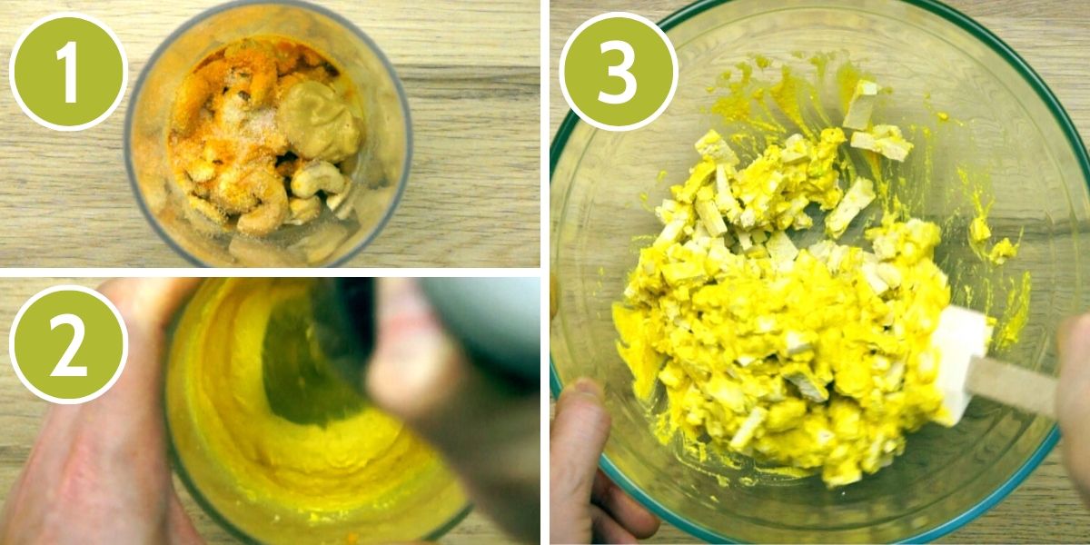 Step photos to make tofu egg salad showing a tall container with cashews and spices, then with a hand blender. Finally a glass bowl with yellow tofu cubes. 