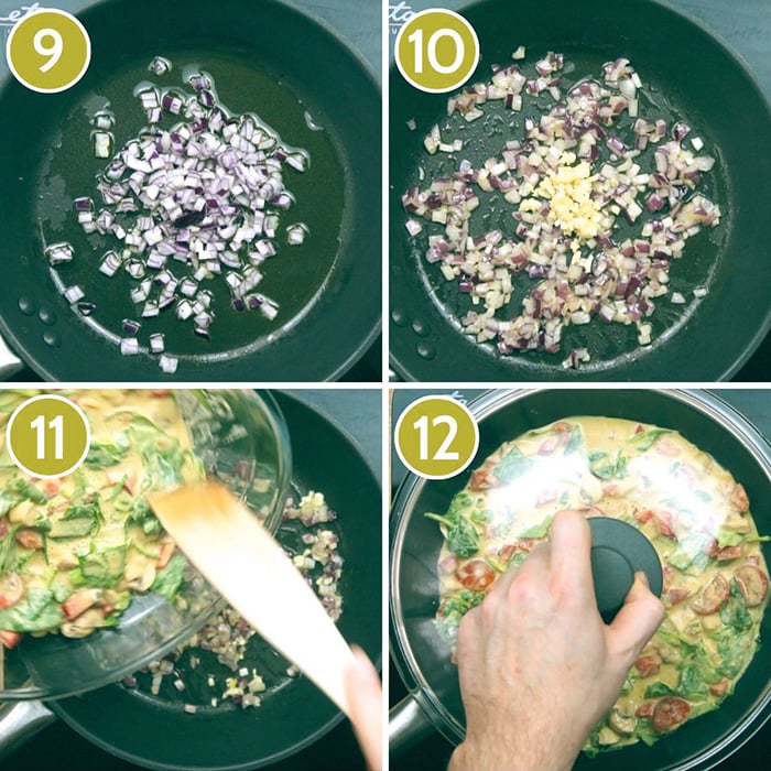 Step photos showing how to cook onion and garlic before adding the frittata mixture and covering with a lid