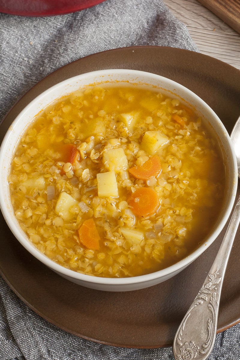 Red Lentil Soup in a white bowl. 