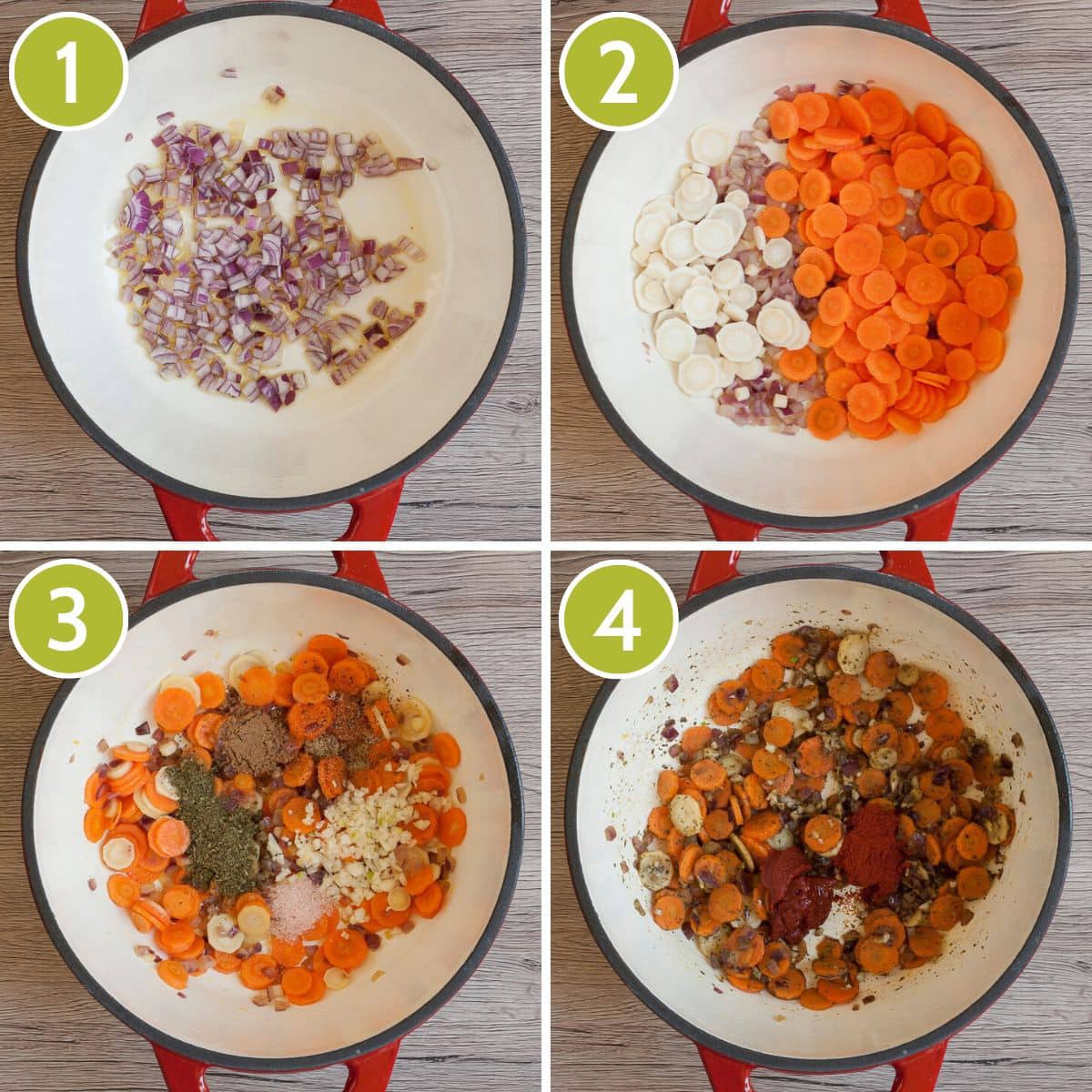 4 photo collage showing the first 4 steps to make vegetarian goulash in a red white pot. There are chopped onion, sliced carrots, sliced parsnip, chopped garlic, tomato paste, and different seasonings. 