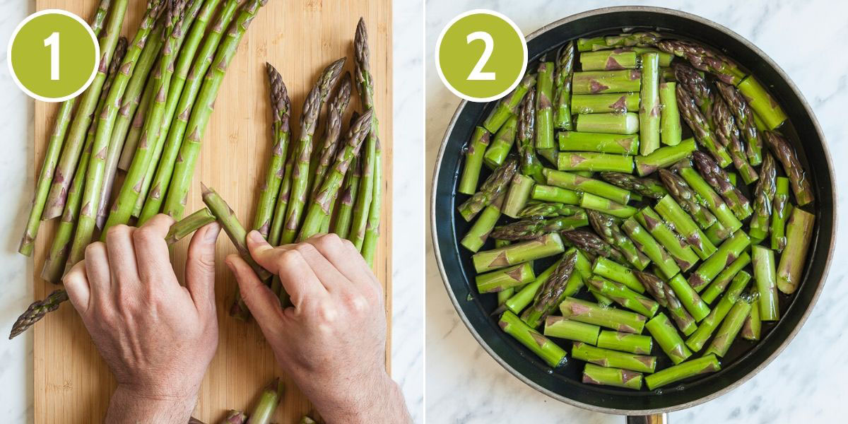 2 photo collage showing two hands snapping green asparagus and a large pot with asparagus pieces in water. 