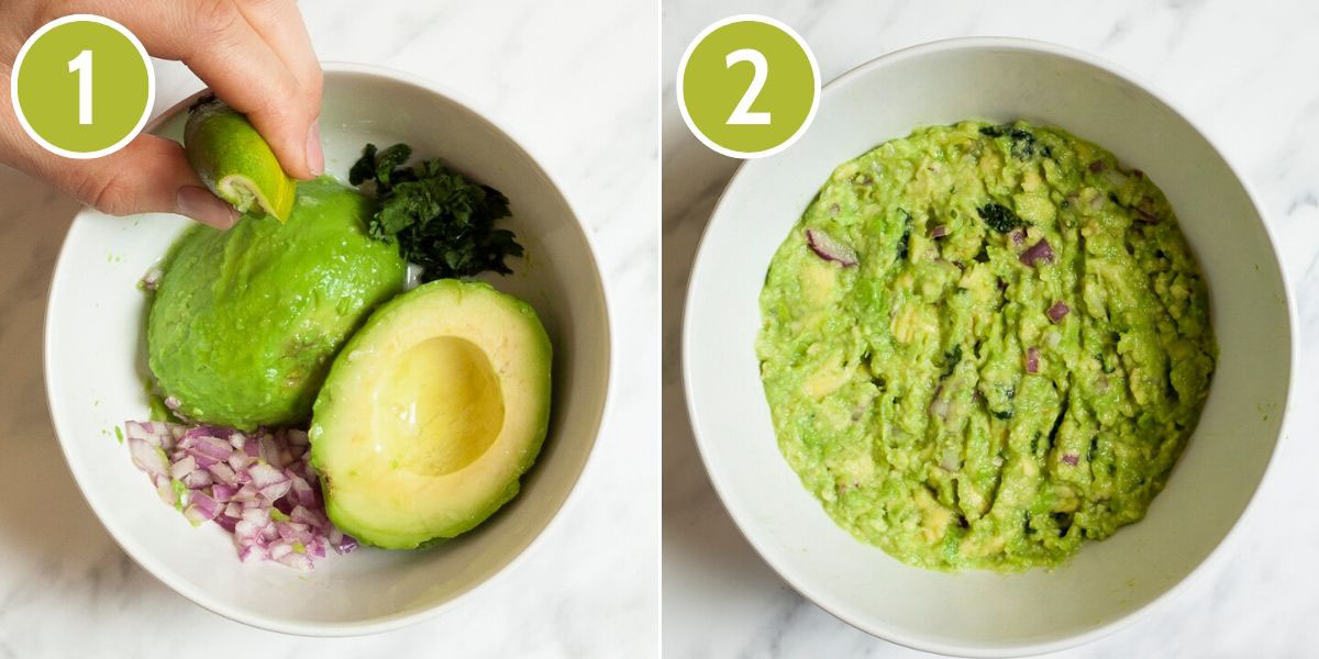 Collage of 2 photos - first shows a small white bowl with two halves of peeled avocado, chopped green herbs and chopped onion. The second photo shows a mashed green puree. 