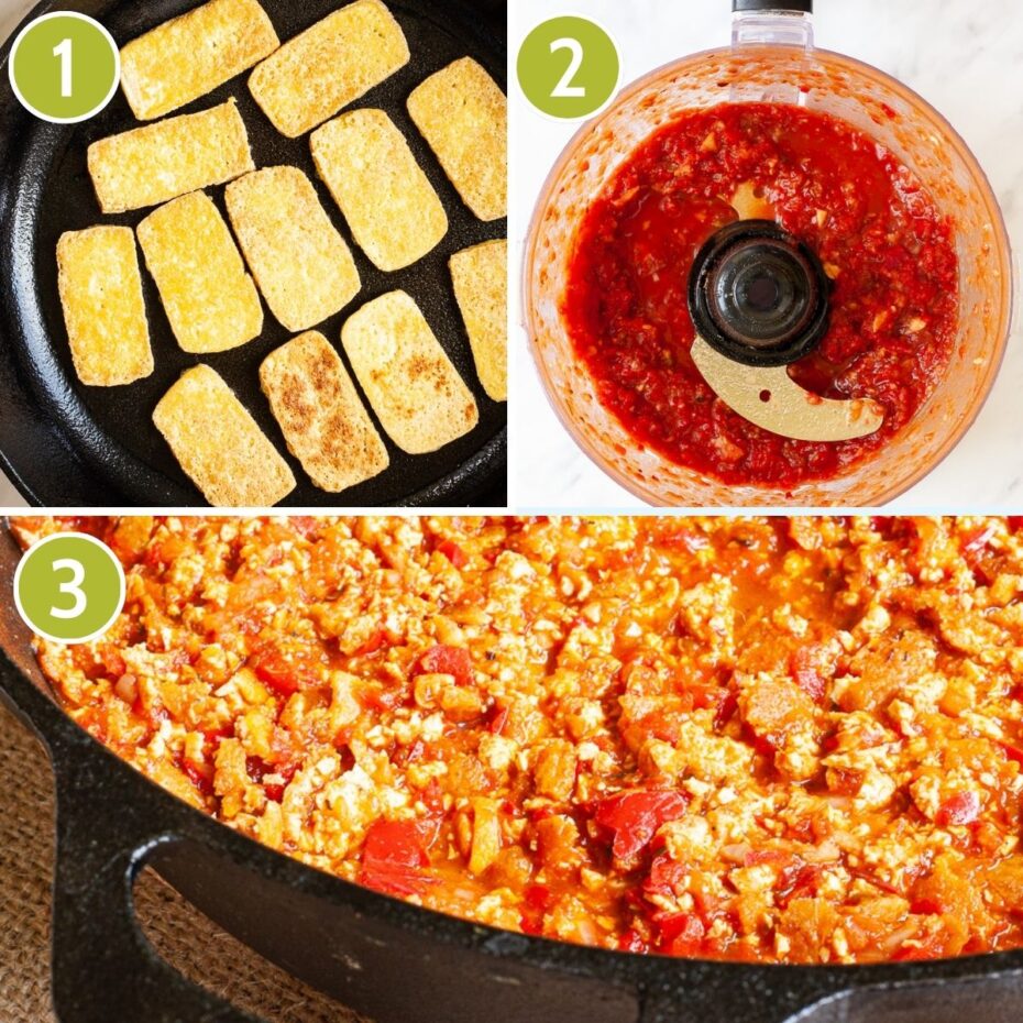 3 photo collage on how to make sofritas the first is showing a black skillet from above with yellow tofu slices, the second shows a food processor with a red chunky sauce, the third shows the chunky tofu in red sauce cooked in a black skillet