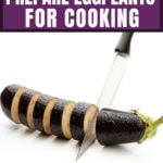 A knife is cutting an eggplant into 1-inch slices. They are floating before a white background.