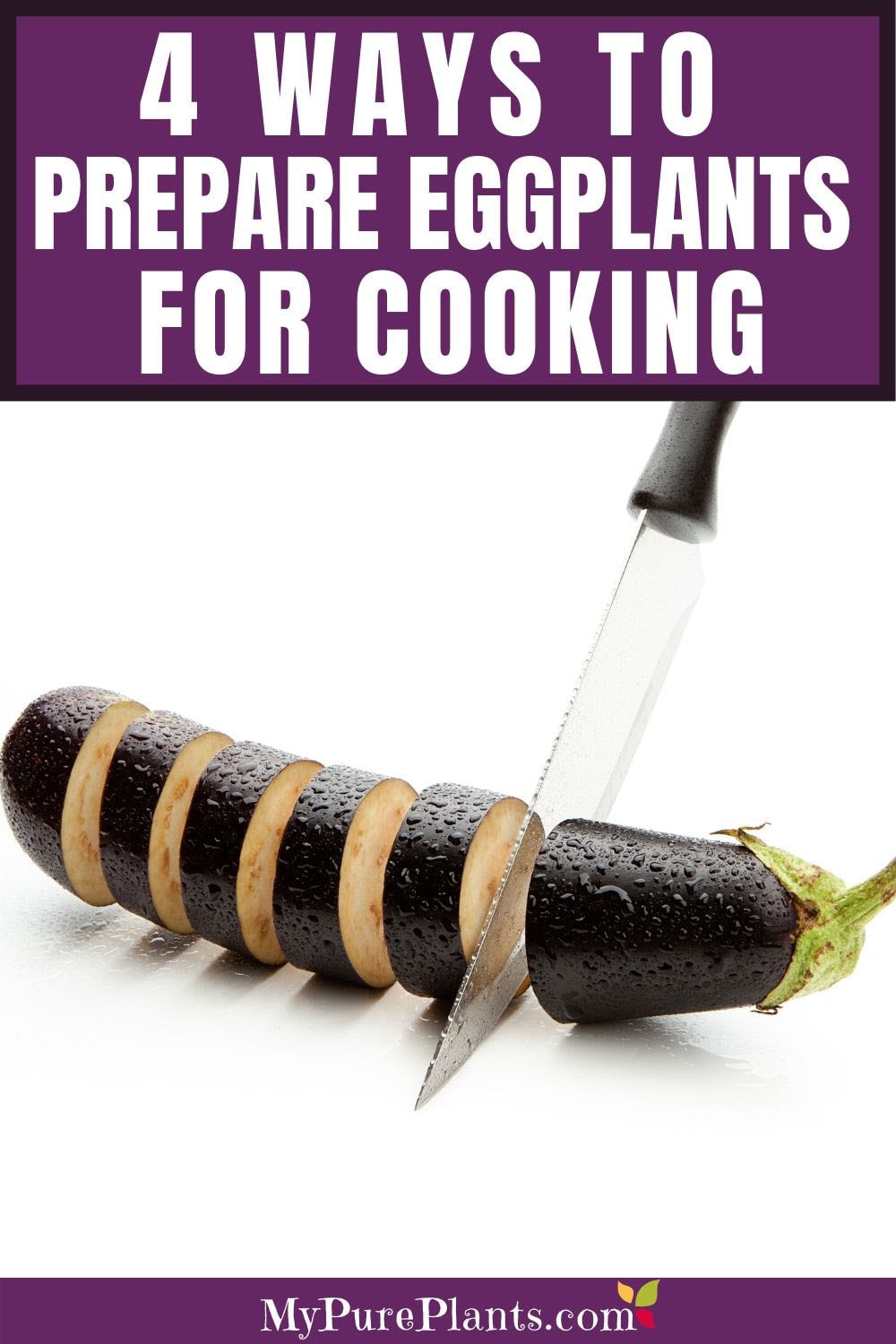 A knife is cutting an eggplant into 1-inch slices. They are floating before a white background. 