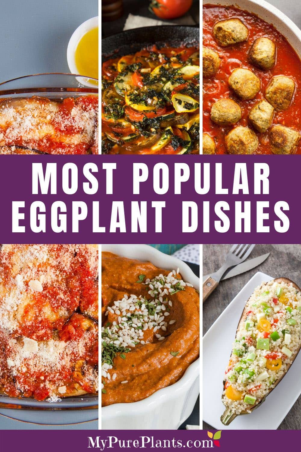 Collage of different eggplant based dishes with a text in the middle saying Most popular eggplant dishes