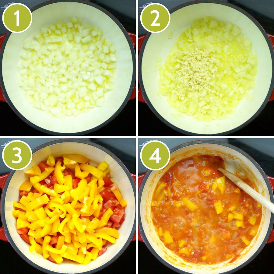 4 photo collage of a pot from above showing how to cook ratatouille. First one has small white chopped onion, the second has also tiny yellow chopped garlic, the third has chopped tomatoes and yellow pepper stripes. The last one has a stewy red sauce covering everything. 