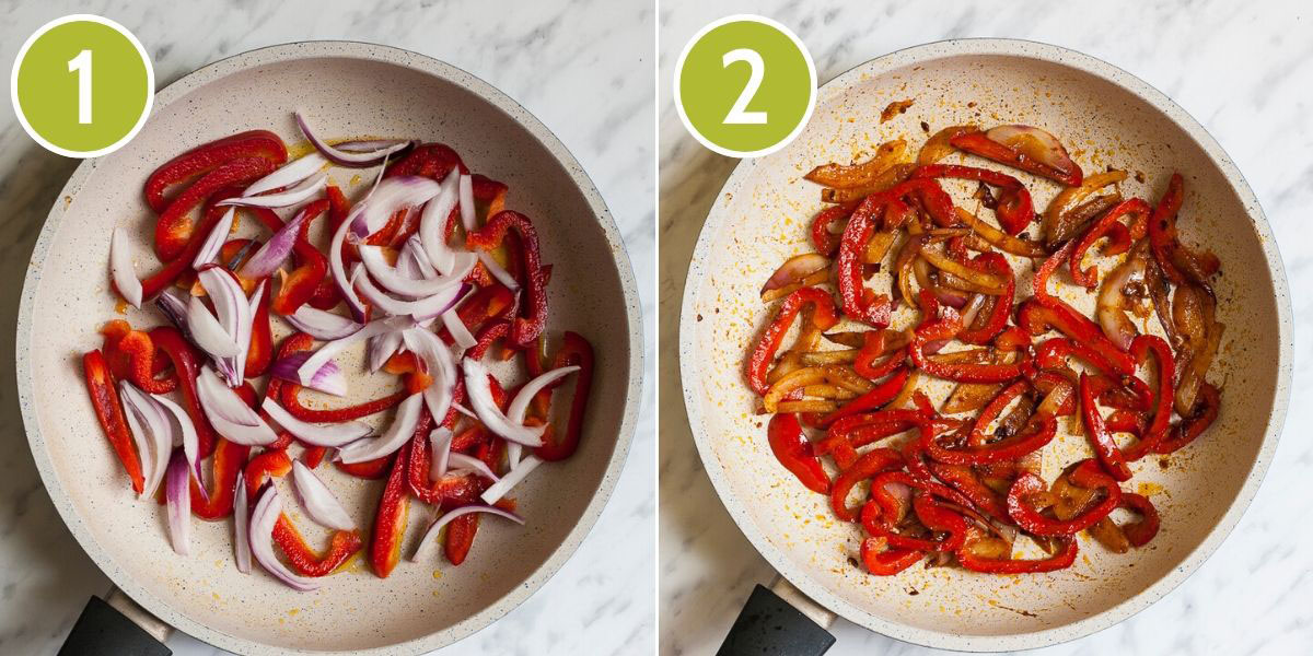 2 photo collage showing how to make fajita veggies in a frying pan. The first shows the red, yellow and purple stripes before frying. The second when they are ready.