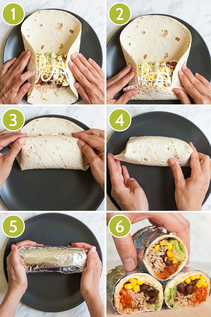 6 photo collage on how to roll a veggie burrito