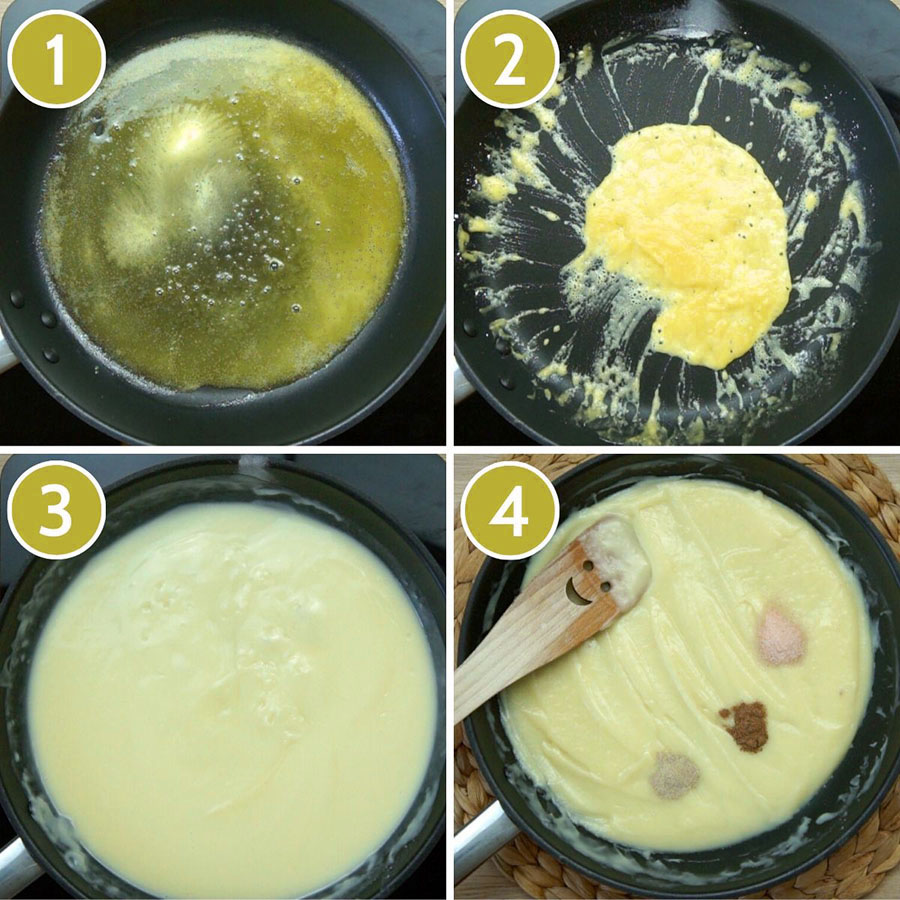 4 photo collage on how to make vegan bechamel showing a frying pan with first melting butter, then flour butter mix, then a smooth white sauce, finally small heaps of spices on top of the sauce