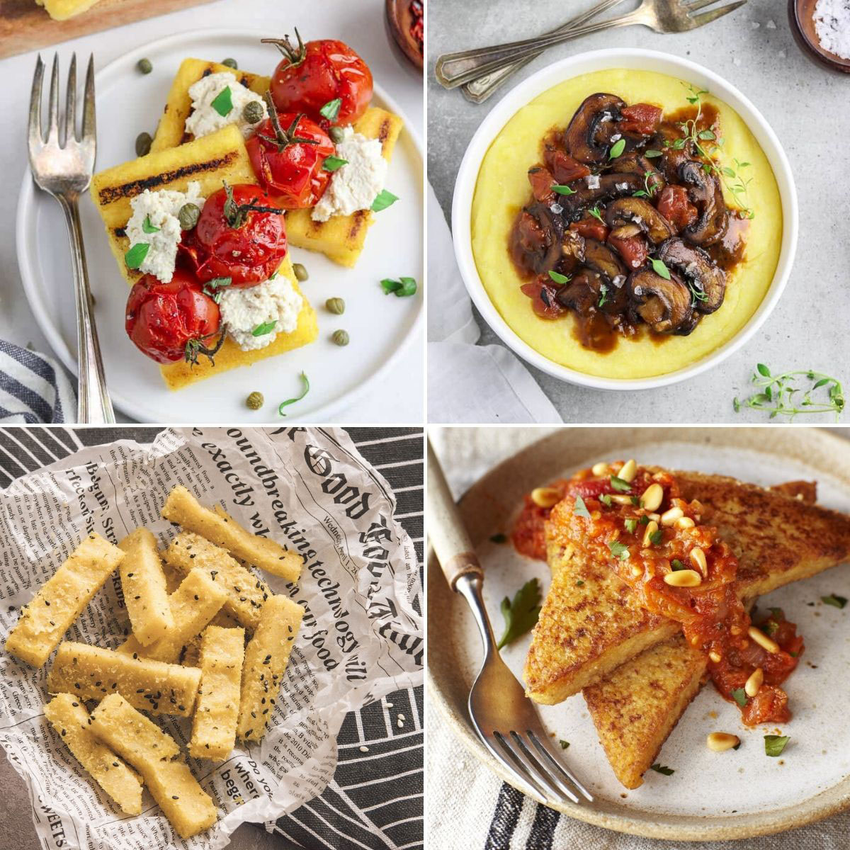 Photo collage of 4 different polenta recipes to serve with ratatouille