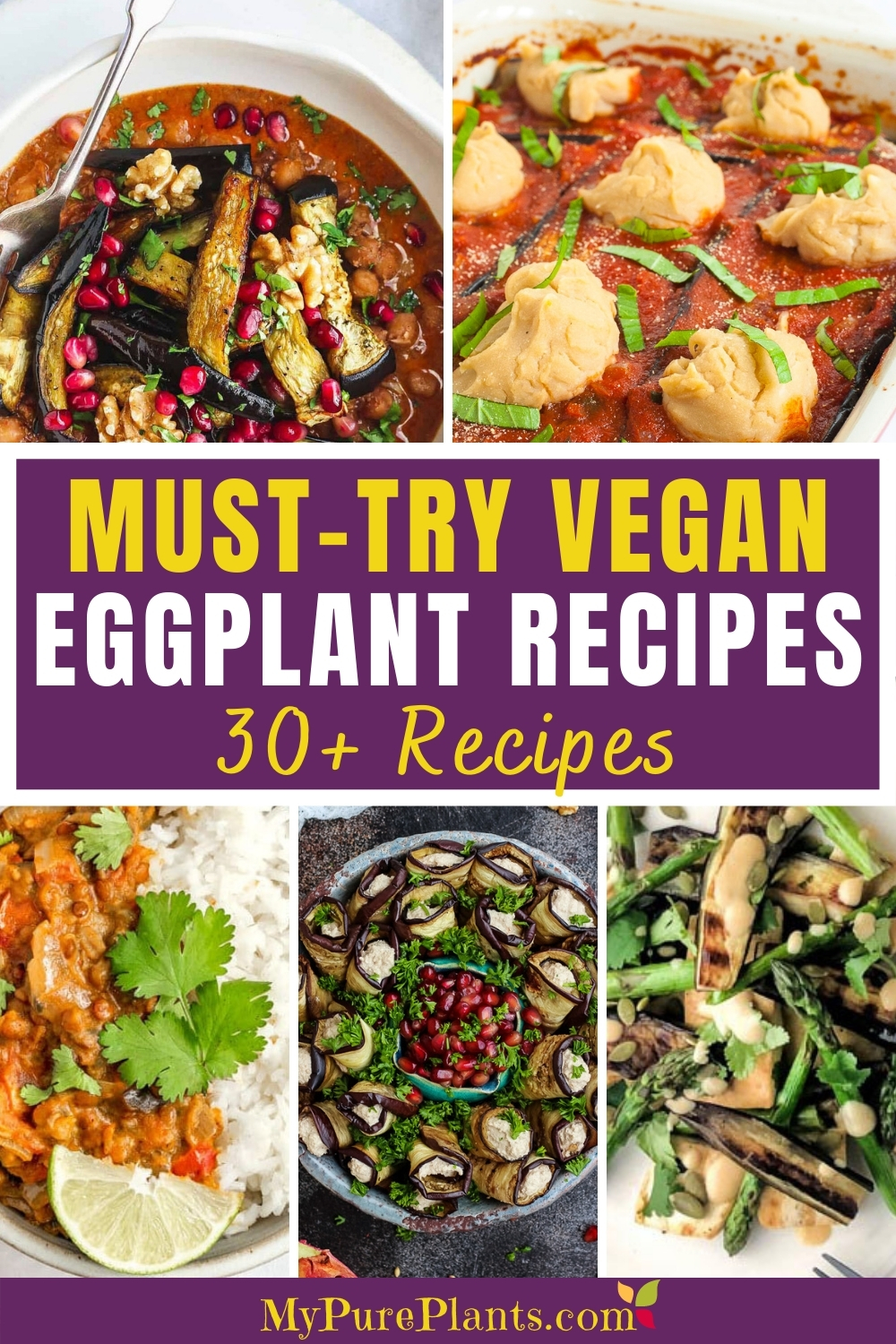 Collage of images showing different vegan eggplant recipes