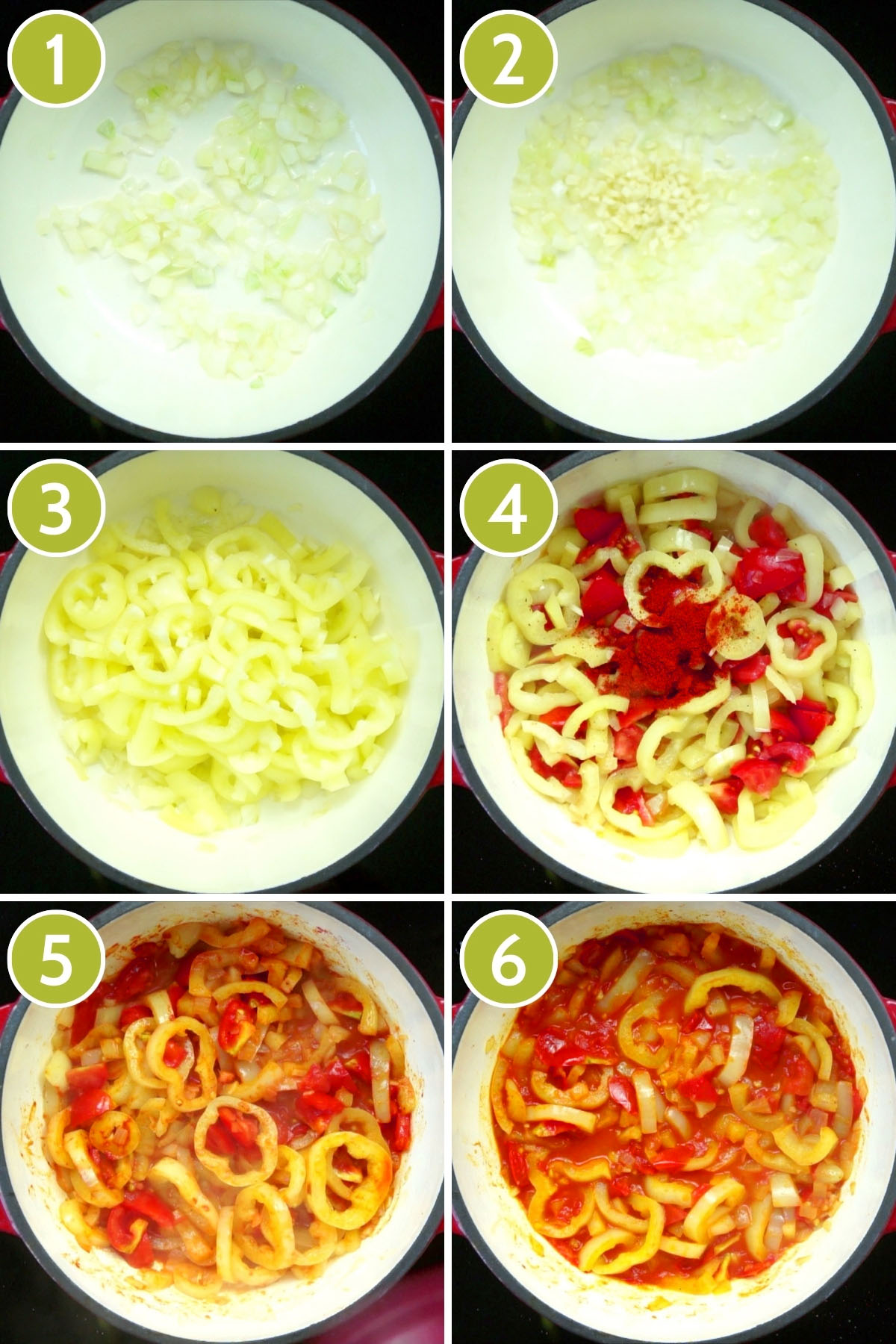 6 picture collage of how to make Hungarian lecso: first chopped onion in a pot, then chopped garlic, then chopped pepper, then chopped tomatoes, then you can see the stew in the last picture