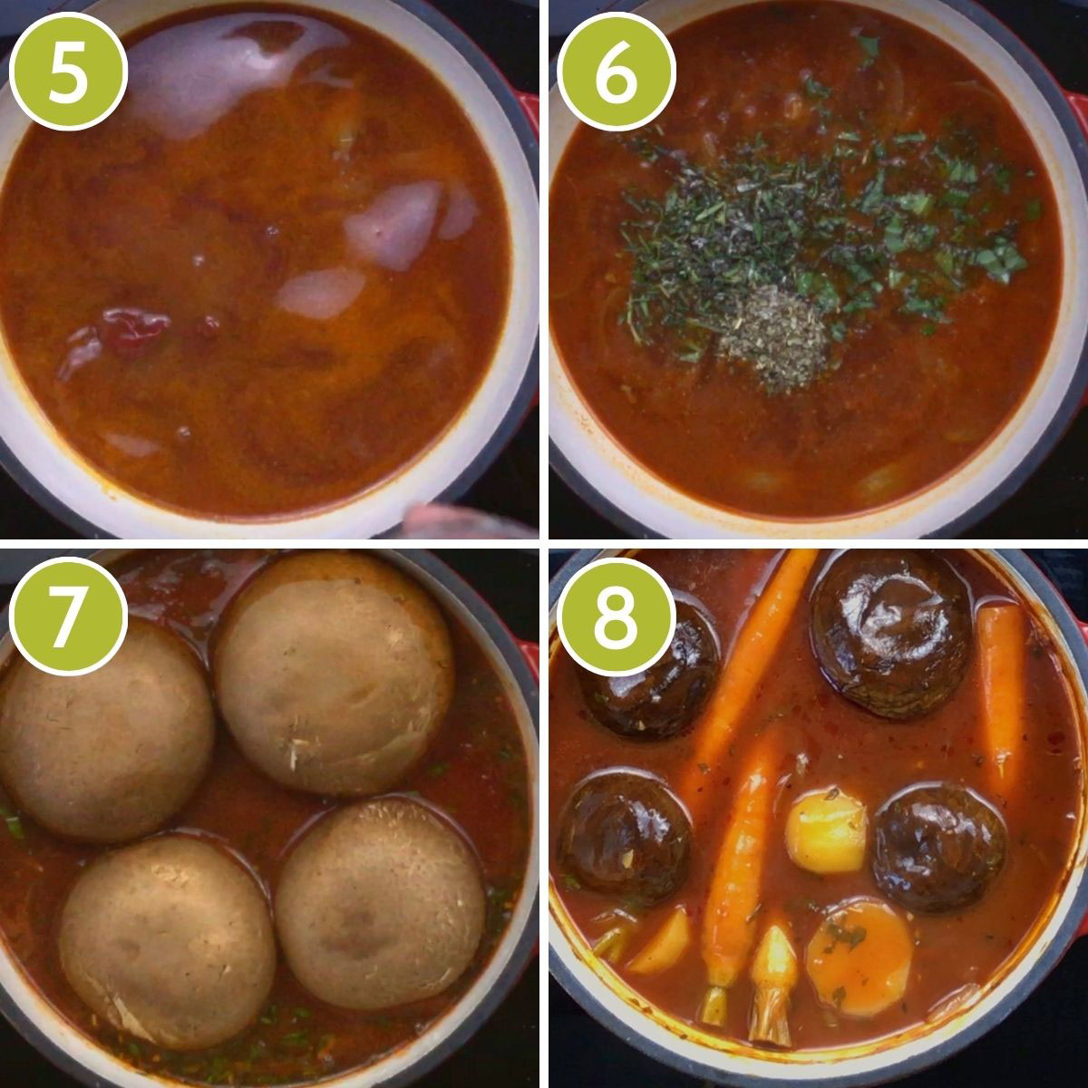 4 photo collage of how to cook portobello vegan pot roast showing a frying pan with red broth, green herbs, 4 large portobello mushroom caps and other yellow orange and purple veggies