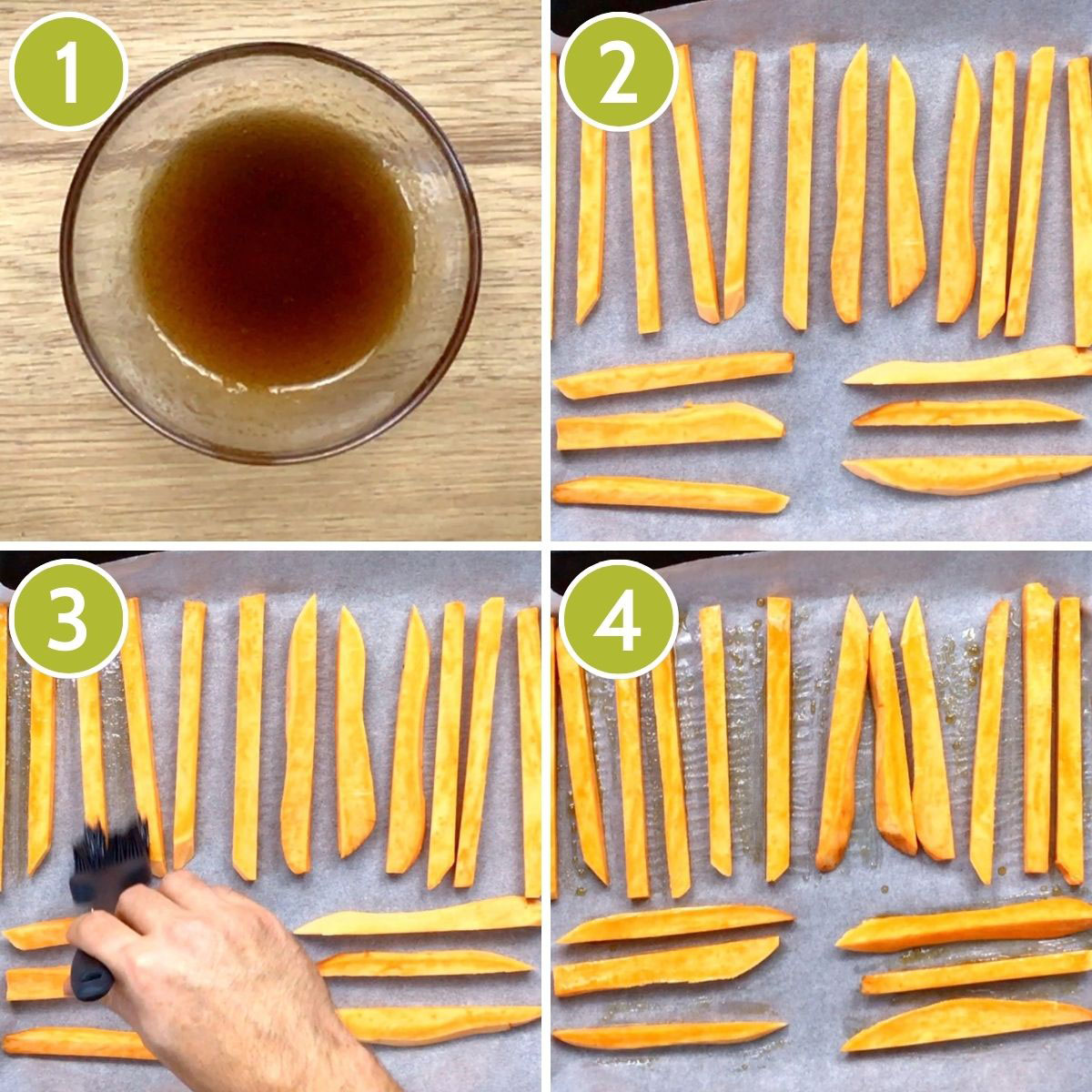 4 colagem de fotos de como assar batatas fritas mostrando um papel de pergaminho com palitos amarelos. 