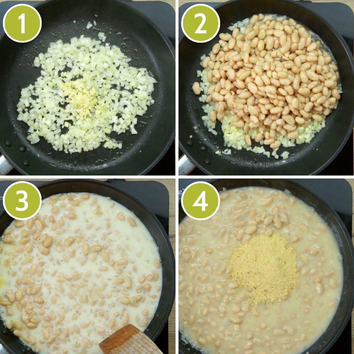 4 photo collage of how to make vegan cream cheese for buffalo chicken dip showing a frying pan with finely chopped yellow onion, white beans in milk and yellow flakes