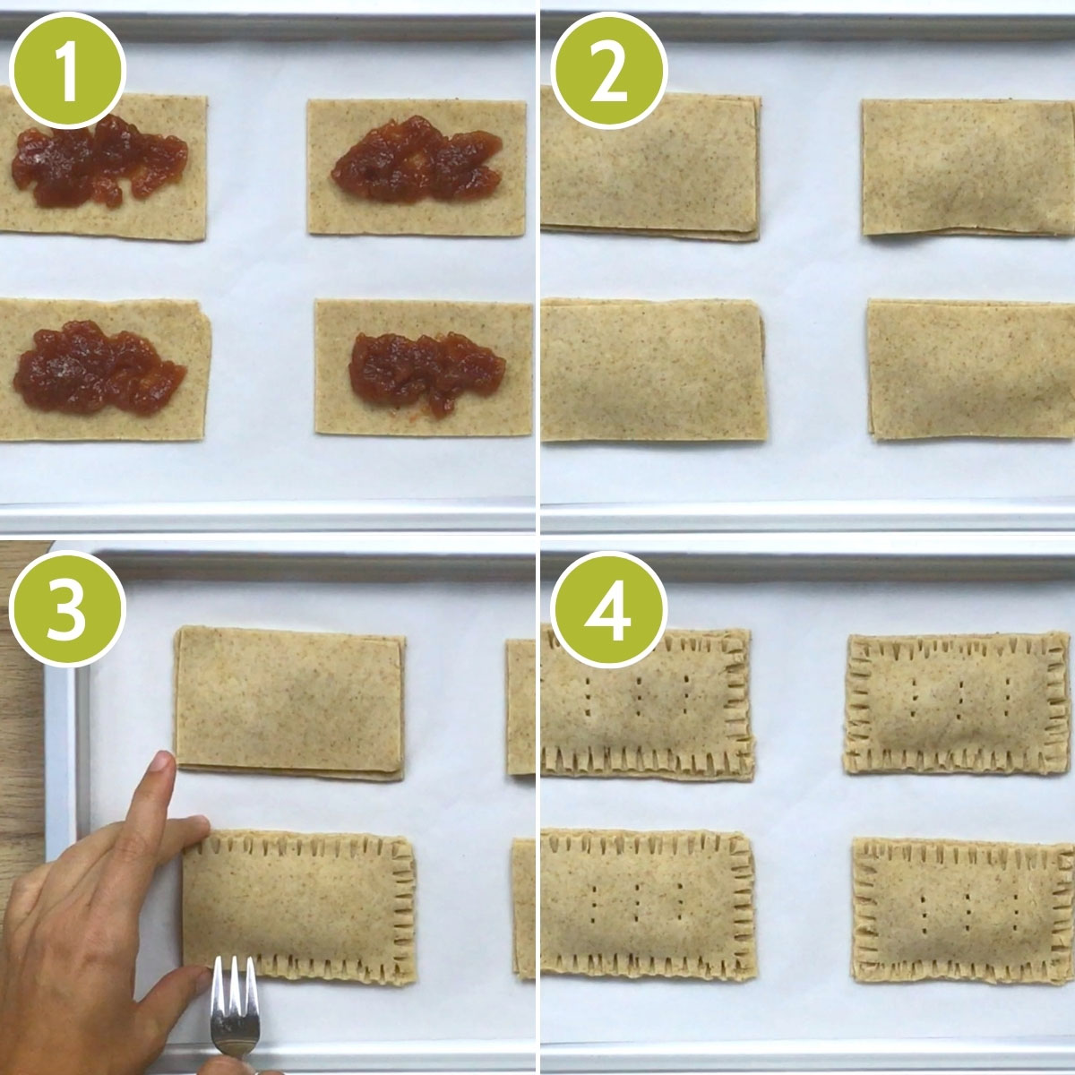4 photo collage of how to fill gluten-free pop tarts by showing the cut-out rectangles with filling and a hand holding a fork sealing the edges