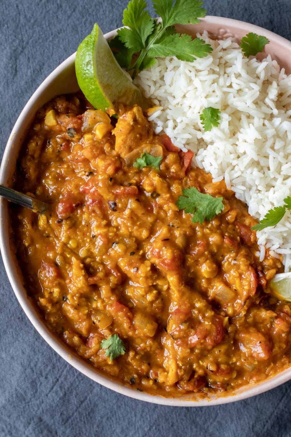 White bowl with white rice on one side and brown sauces with crumbles on the other side topped with chopped green herbs and lime wedge