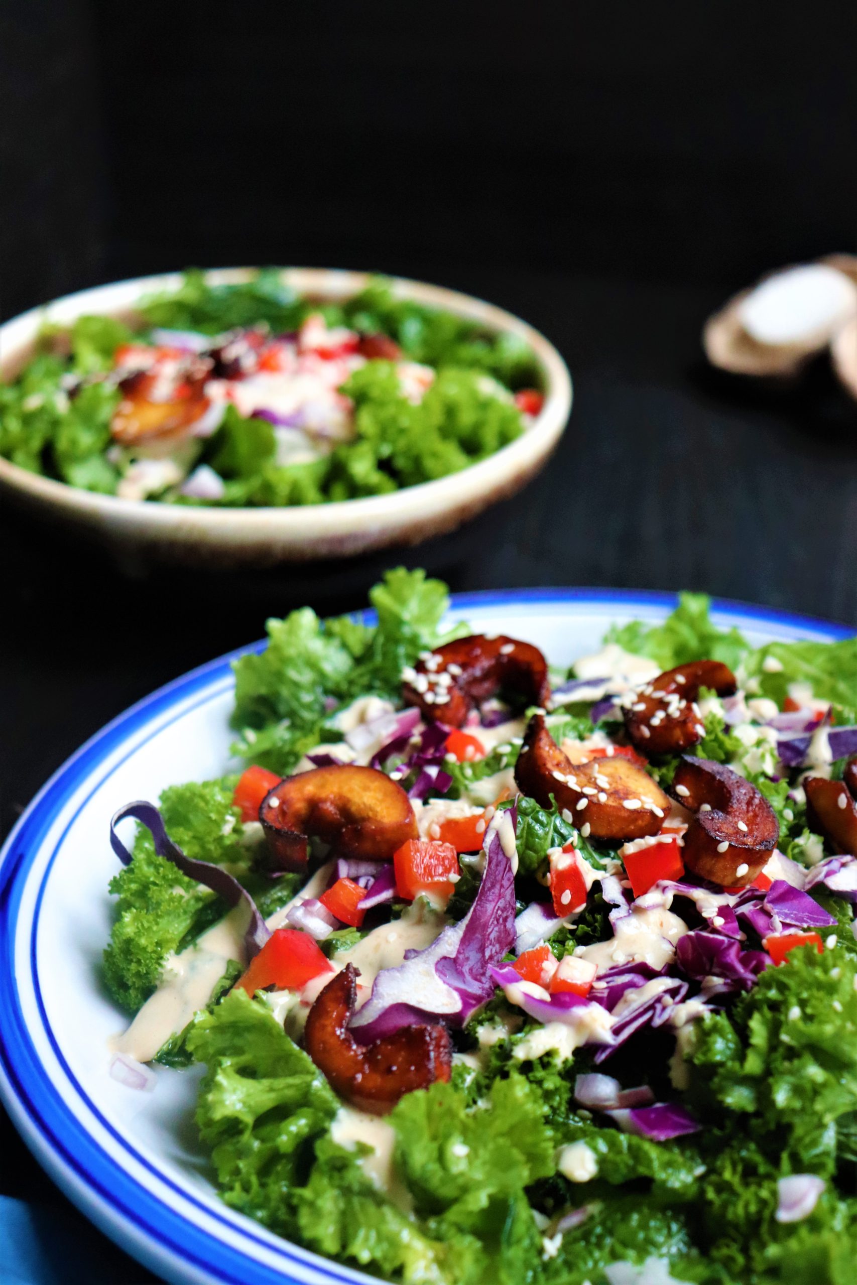 White blue plate with lots of green leaves, chopped veggies in different colors like red, purple, and brown drizzle with a light brown dressing