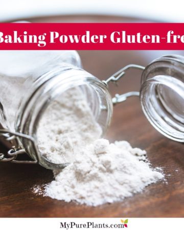White powder emanates from a mason jar with a lid open with a text on top saying is baking powder gluten free