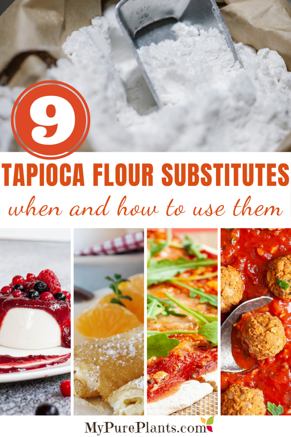 Photo collage of different recipes with a text in the middle saying Tapioca Flour Substitutes When and How to Use Them